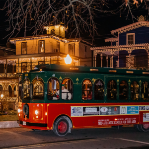 CAPE MAY TROLLEY TOUR AT CHRISTMAS WITH LIGHTS ON THE HOUSES