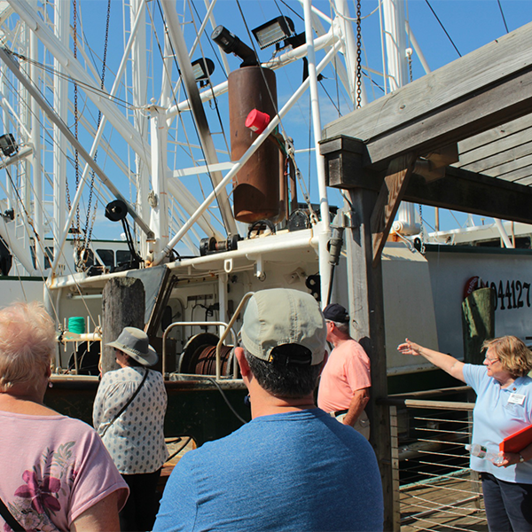 a grounp of people taking a tour on a dock with fisherman boats