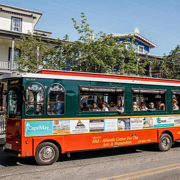 Cape May MAC Trolley filled with people on a tour of the town