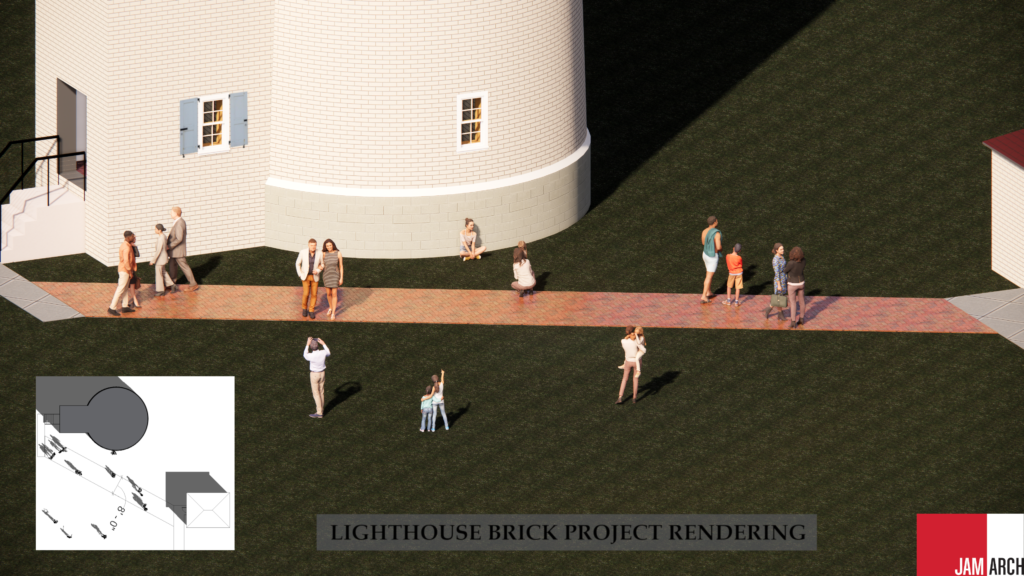 rendering of people standing at the base of the lighthouse with brick path