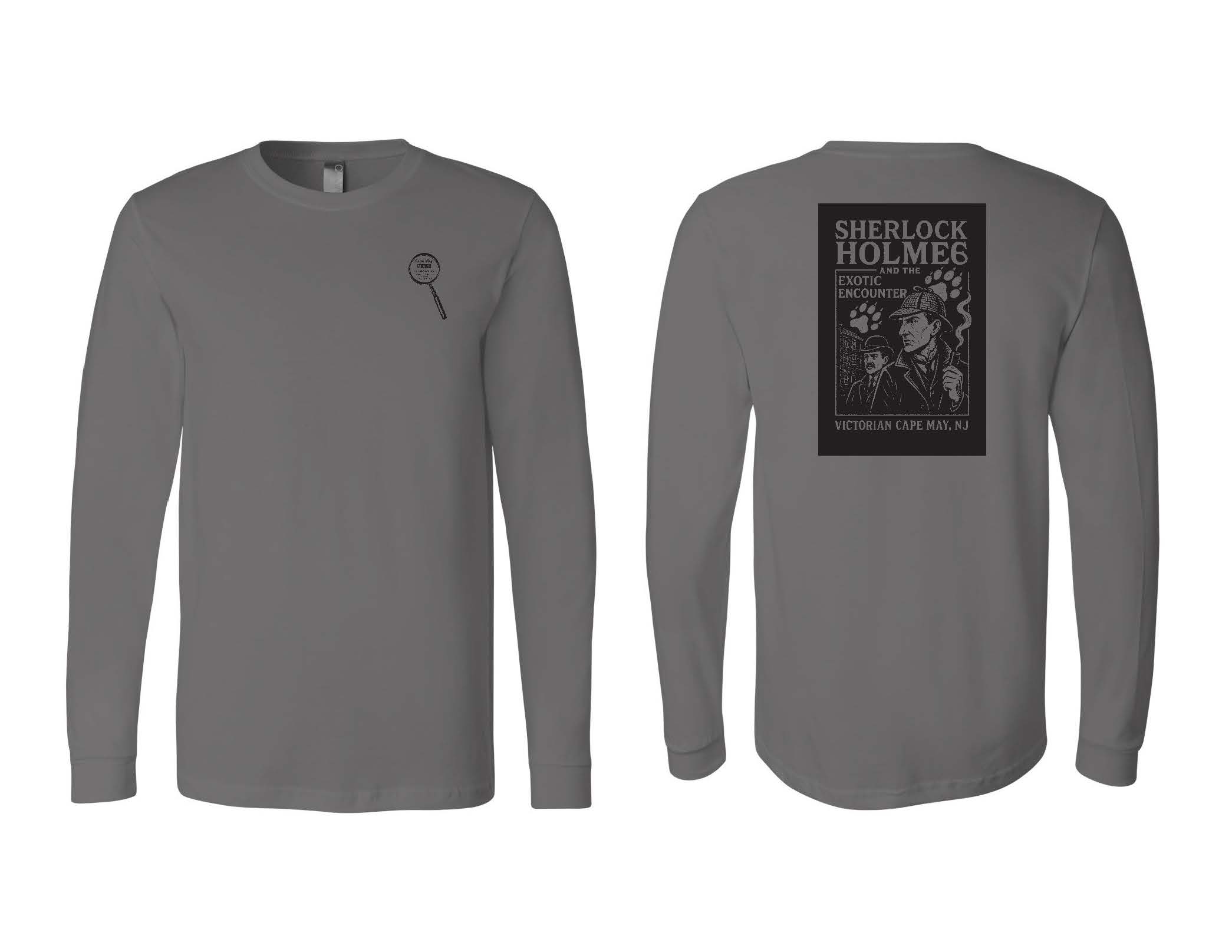grey long sleeve shirt with black print
