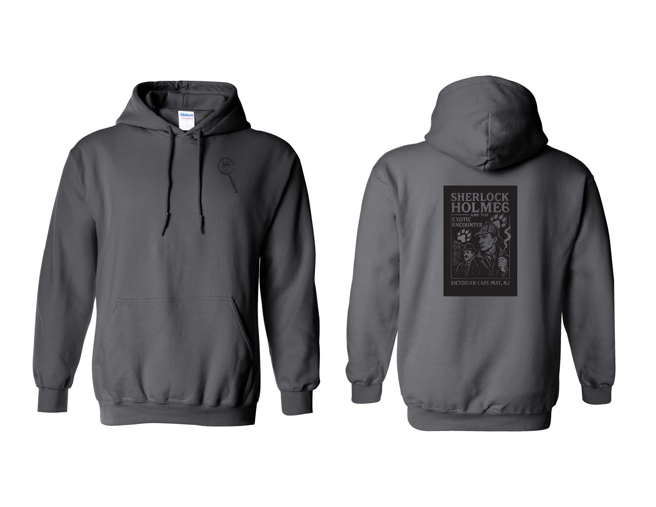 grey hooded sweatshirt with black print